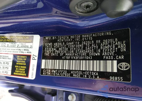 2015 Toyota Camry Se z USA, uszkodzony, nr VIN 4T1BF1FK9FU911043